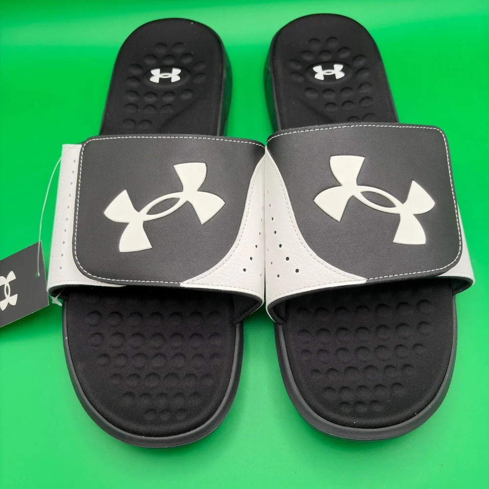 Under Armour Ignite Pro SL Sandals Mens 18 Black/White UA Adjustable Slides NWT